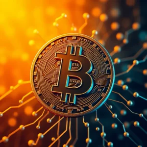 Konzeptuelle Darstellung der Blockchain-Technologie mit vernetzten Blöcken und Industrie-Symbolen