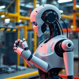 Fortschrittliche KI-gesteuerte Roboter arbeiten in einer modernen Fabrik mit menschlichen Mitarbeitern zusammen