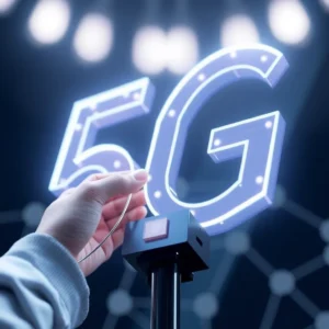 Darstellung eines 5G-Netzwerks mit Funkmasten und Datenströmen