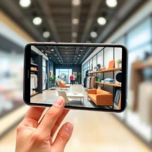 Person in einem modernen Laden mit AR-Technologie, die Produkte anzeigt.