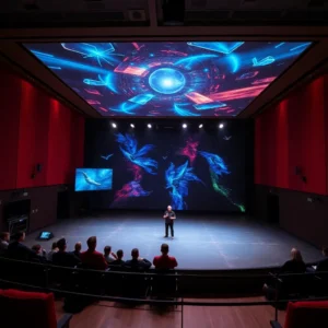 Modernes digitales Bühnenbild mit holografischen Effekten in einem Theater