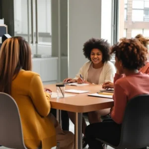 Ein diverses Team arbeitet gemeinsam an einem Tisch im Büro.