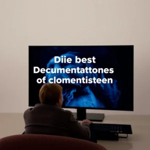 Modernes Wohnzimmer mit einem Fernseher, auf dem eine Landschaftsdokumentation gezeigt wird.