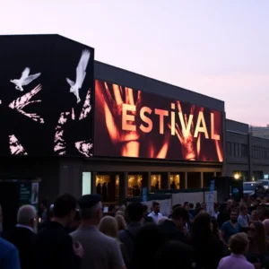 Ein roter Teppich auf einem glamourösen Filmfestival mit Gästen und Blitzlichtern.