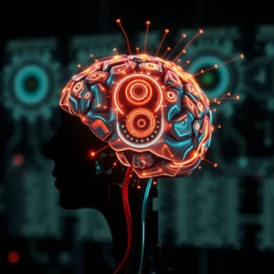Futuristischer Roboter analysiert Daten in einem Labor.