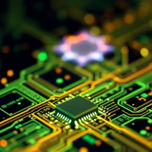 Moderne Halbleitertechnologie mit Mikrochips und AI-Integration.