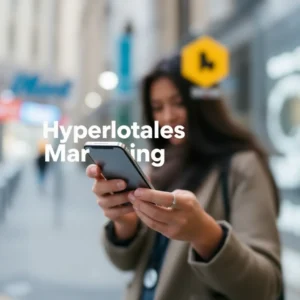 Hyperlokales Marketing in einem digitalen Stadtviertel mit lokalen Geschäften und Smartphones