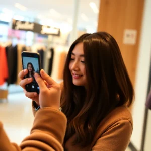 Person schaut Livestream Shopping auf Smartphone in moderner Umgebung