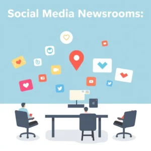 Ein moderner Newsroom mit interaktiven Bildschirmen und Mitarbeitern im Büroumfeld.