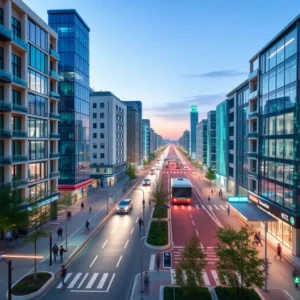 Stadt bei Sonnenuntergang mit digitalen Datenströmen und moderner Infrastruktur.