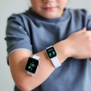 Kind mit moderner Smartwatch auf einem Spielplatz, Symbol für Wearable Tech Kinder, Innovation und Sicherheit